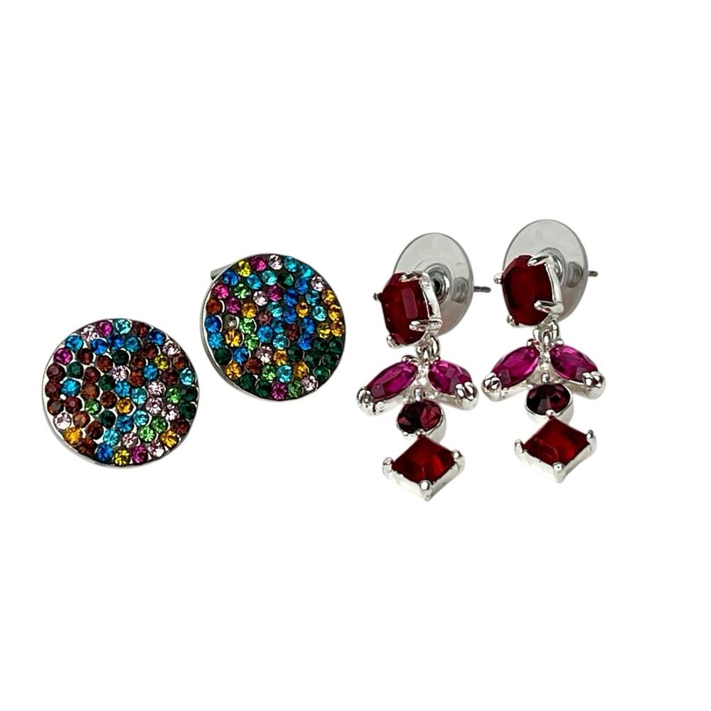 Rhinestone Pierced Earrings Lot 2 Dangle Faceted Red Pink Colorful Mosaic Disc